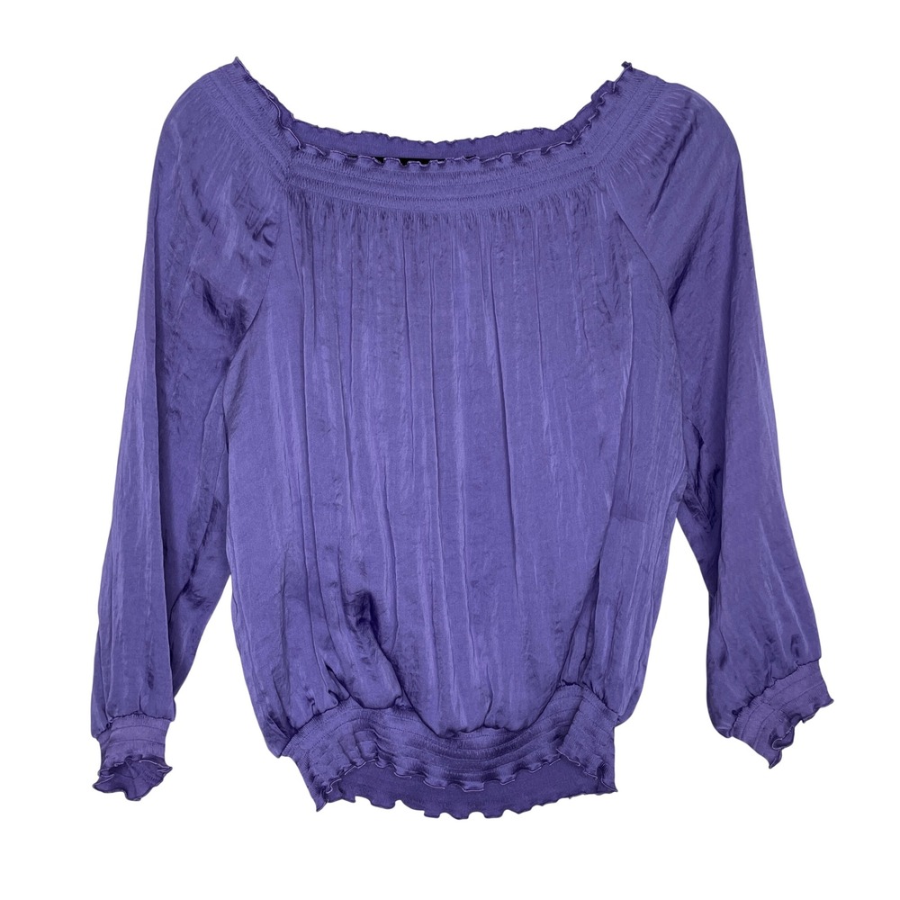 Alfani Blouse Womens 4 Purple Smocked Off Shoulder Satin Shimmer Long Sleeve